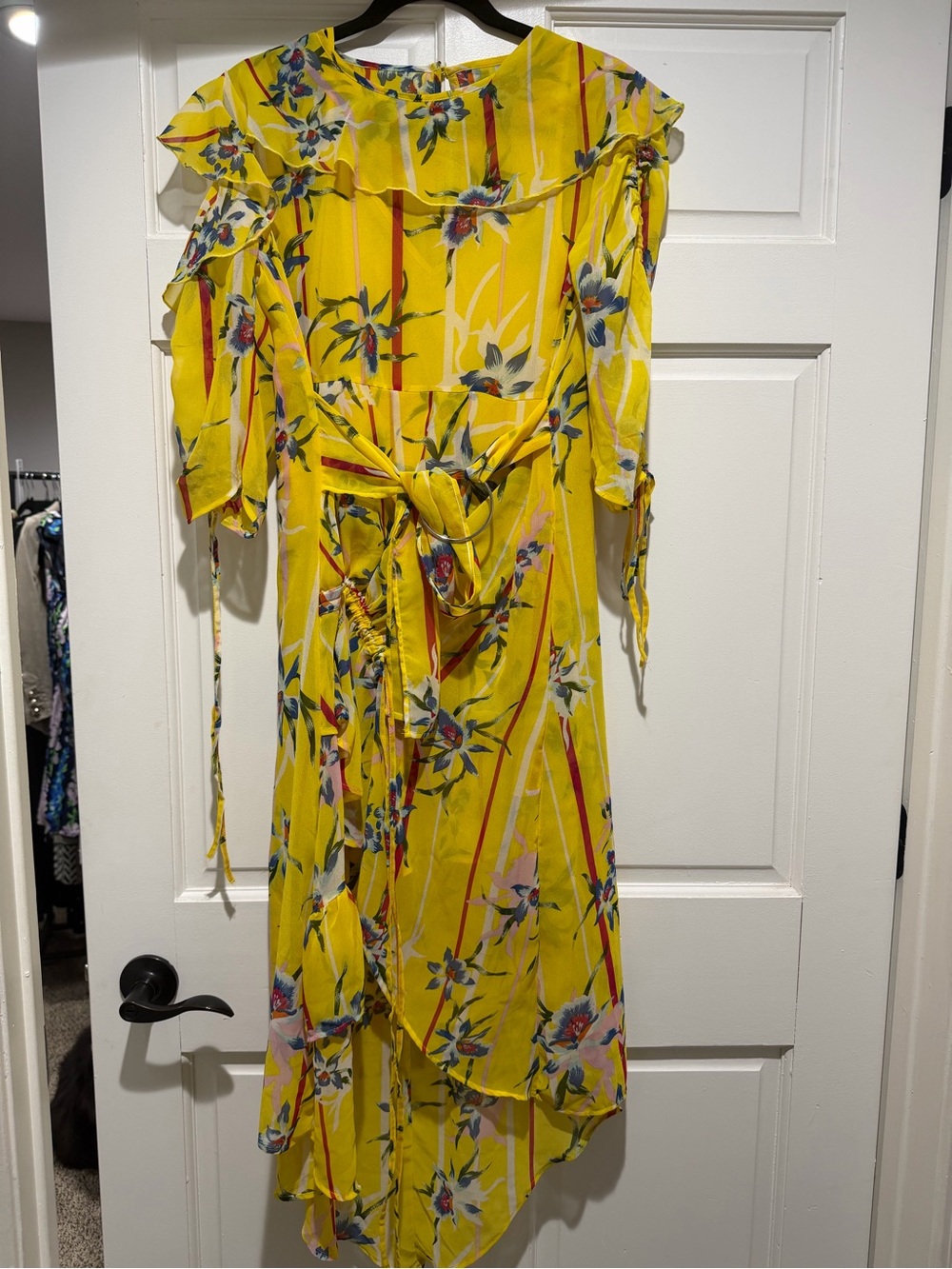 ASOS Yellow Floral High-Low Ruffle Tie-Waist Dress
